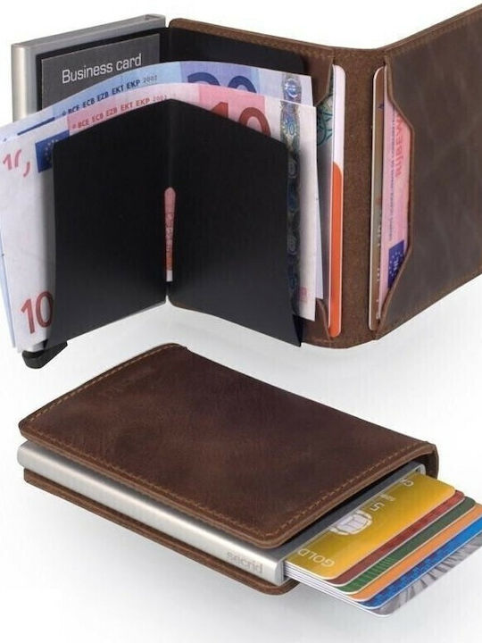 Miniwallet Vintage Δερμάτινο Ανδρικό Πορτοφόλι Καρτών με RFID και Μηχανισμό Slide Καφέ/Ασημί