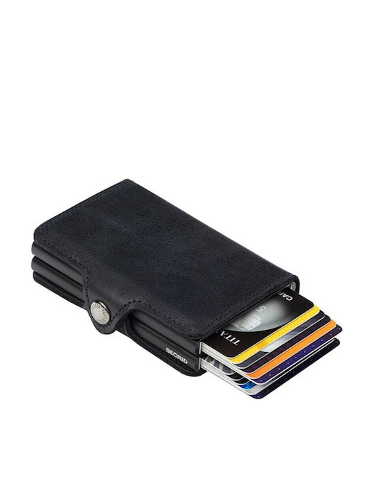 Twinwallet Vintage Leather Men's Wallet Cards with RFID and Slide Mechanism Total Black
