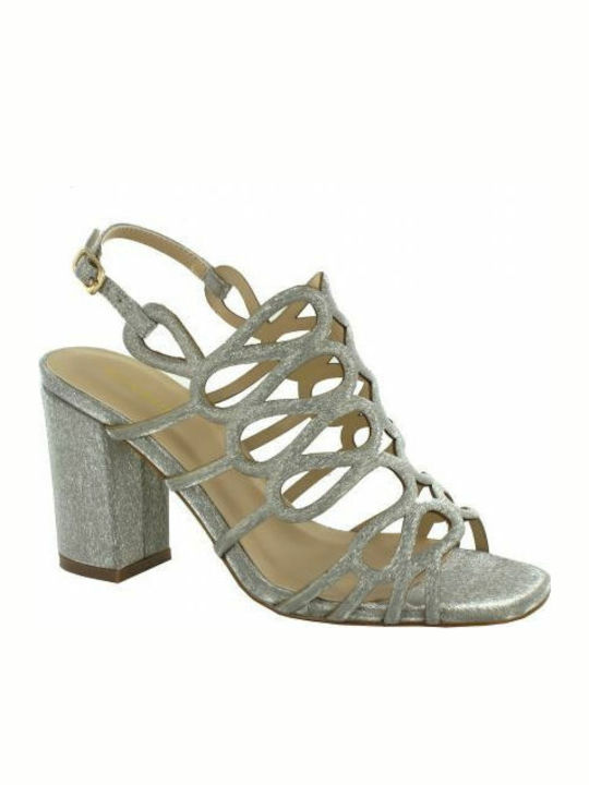 Menbur Fabric Women's Sandals Brolo Silver with Chunky High Heel