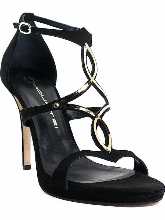 Mourtzi Leather Women's Sandals Black with Thin High Heel