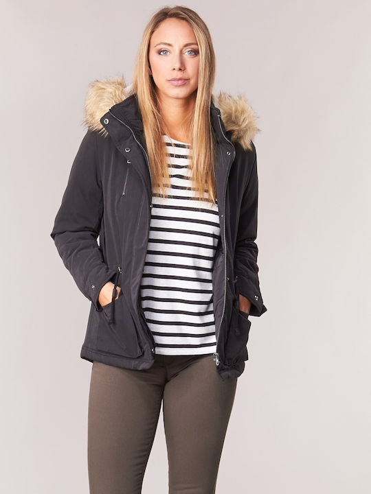 Women's Short Parka Jacket for Winter with Detachable Hood Black