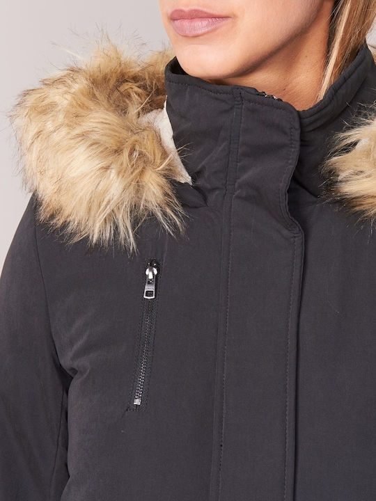 Women's Short Parka Jacket for Winter with Detachable Hood Black