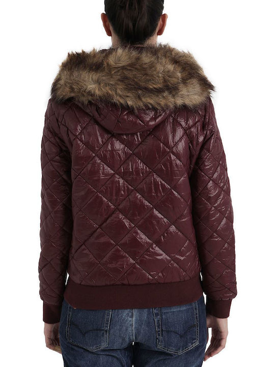 Women's Short Puffer Jacket for Winter with Hood Burgundy