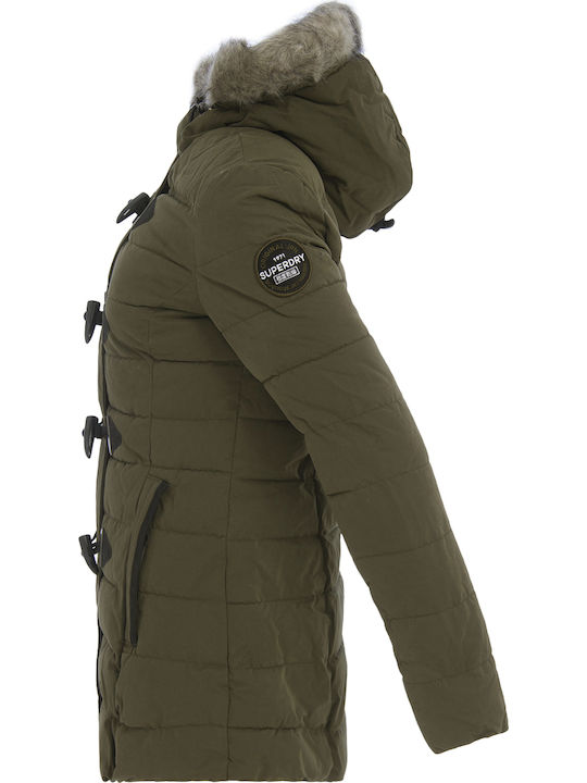 Toggle Women's Long Puffer Jacket for Winter with Hood Khaki