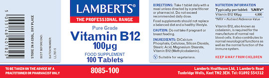 Lamberts Vitamin B12 Vitamin for Nervous System Health 100mcg 100 Tablets