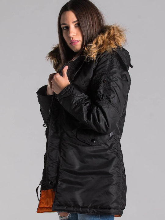 N3B VF 59 Women's Long Parka Jacket for Winter with Hood Black
