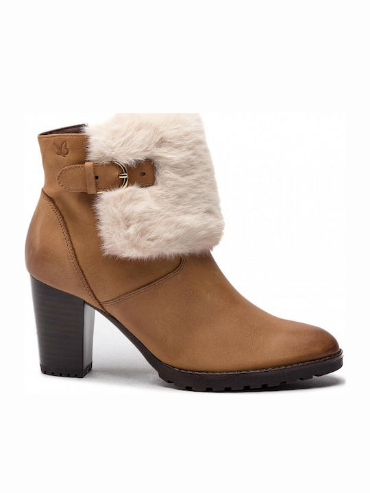 Caprice Leather Women's Ankle Boots with Medium Heel & Fur Tabac Brown