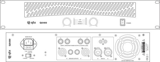 QTX Sound QA400 PA Power Amplifier 2 Channels 100W/4Ω 70W/8Ω with Cooling System Black