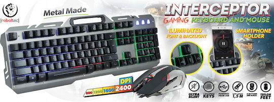 Rebeltec Interceptor Gaming Keyboard Set with RGB Lighting & Mouse English US Gray