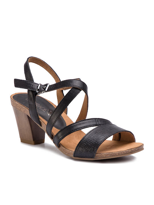 Caprice Anatomic Leather Women's Sandals with Ankle Strap Black with Chunky Medium Heel