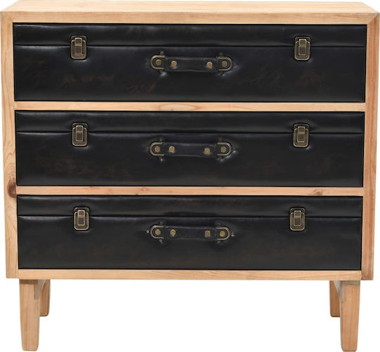 Bedroom Chest of Drawers from Solid Wood with 3 Drawers Black with Artificial Leather Surface Coating 80x36x75cm