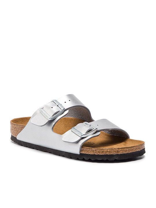 Arizona Birko Flor Women's Flat Sandals Anatomic in Silver Color Narrow Fit