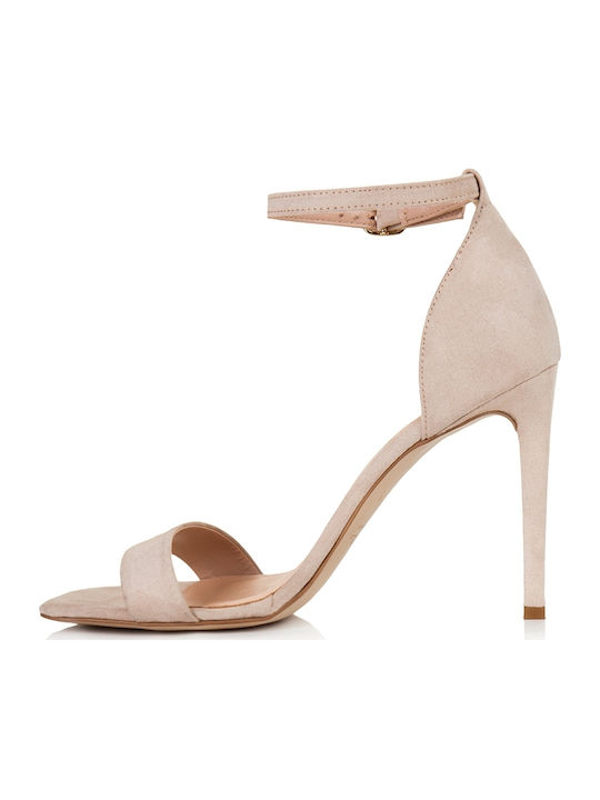 Sante Suede Women's Sandals Beige with Thin High Heel