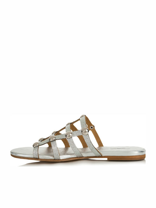 Sante Leather Women's Flat Sandals in Silver Color