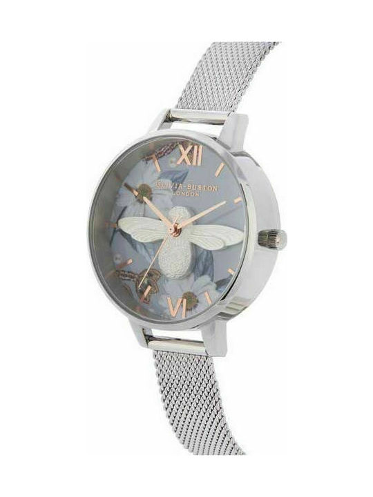 Olivia Burton Bejewelled Florals 3D Bee Uhr mit Silber Metallarmband