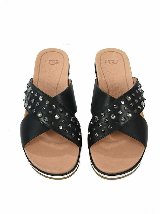 Ugg Australia Studded Bling 1090241 Leather Women's Flat Sandals Anatomic Flatforms In Black Colour