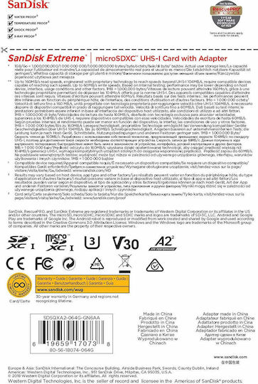 Sandisk Extreme microSDXC 64GB U3 V30 A2 UHS-I 160MB/s με αντάπτορα
