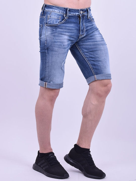 Bermuda jeans with mild wear Blue