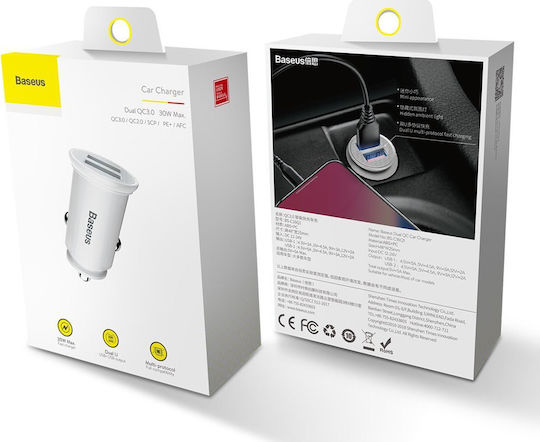 Baseus Auto-Ladegerät 30W 5A Schnellladen mit Anschlüssen 2xUSB-A Weißes Farbe