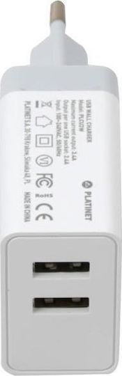 Platinet Φορτιστής με 2 Θύρες USB-A και Καλώδιο micro USB Λευκός (PLCU2W)