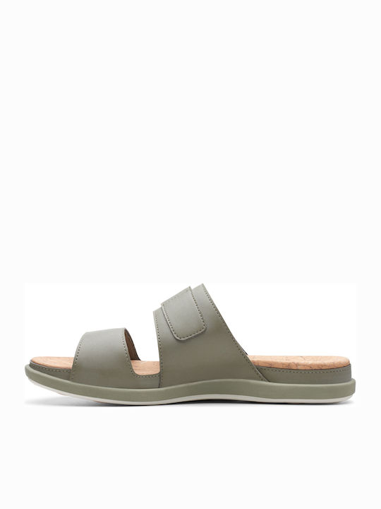 Clarks Step June Tide Leather Women's Flat Sandals Anatomic in Green Color