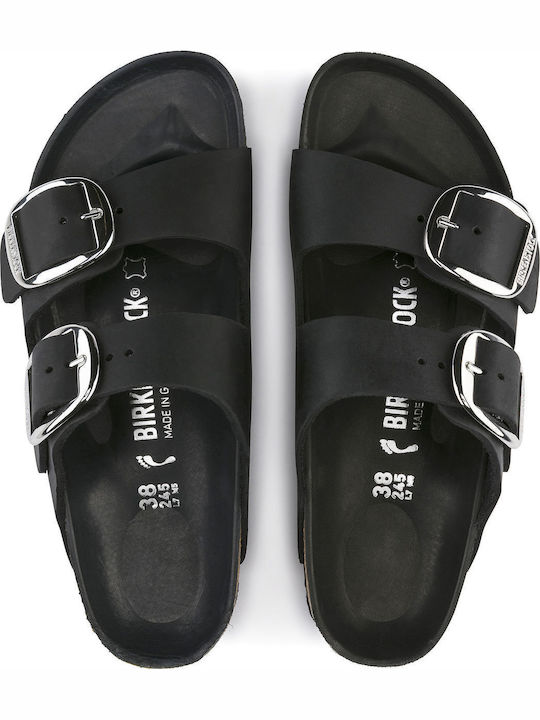 Arizona Big Buckle Oiled Leather Leather Women's Flat Sandals Anatomic in Black Color Narrow Fit