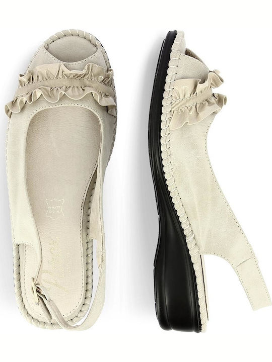 Δερμάτινες Peep Toe Γόβες με Λουράκι Μπεζ