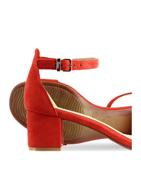 Leder Damen Sandalen Anatomisch mit Chunky mittlerem Absatz in Rot Farbe