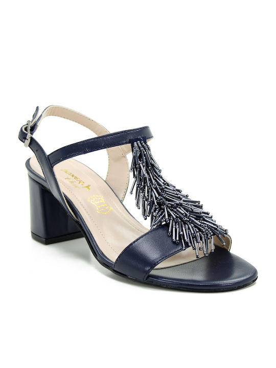 Boxer Anatomic Leather Women's Sandals Navy Blue with Thin Medium Heel