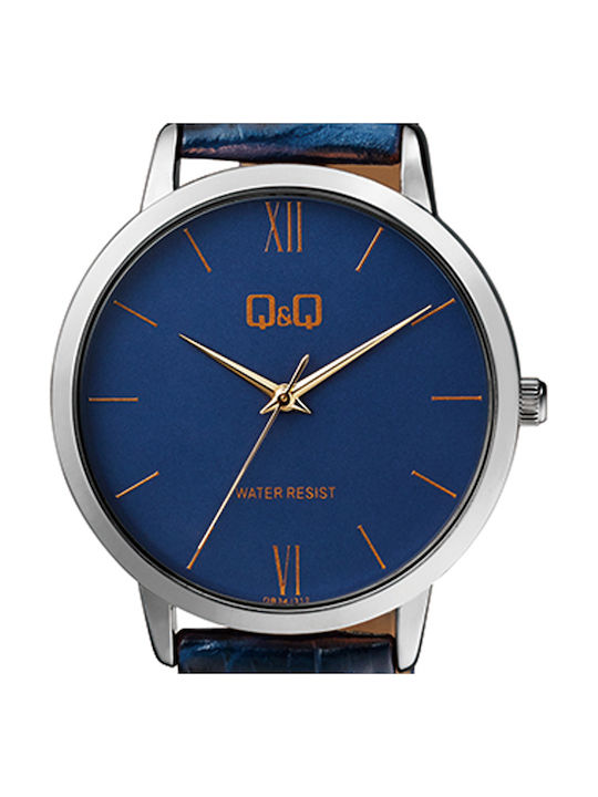 Q&Q Watch Battery with Blue Leather Strap QB34J312Y