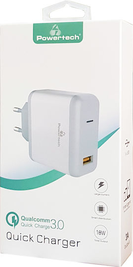 Powertech Charger Without Cable with USB-A Port 18W Quick Charge 3.0 White (PT-709)