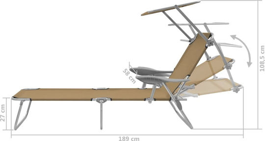 vidaXL Foldable Steel Beach Sunbed Brown with Shader 189x58x27cm