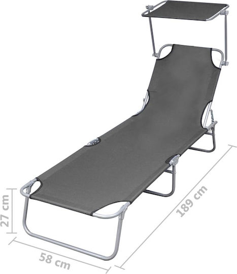 vidaXL Foldable Steel Beach Sunbed Gray with Shader 189x58x27cm