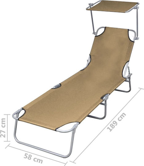 vidaXL Foldable Steel Beach Sunbed Brown with Shader 189x58x27cm