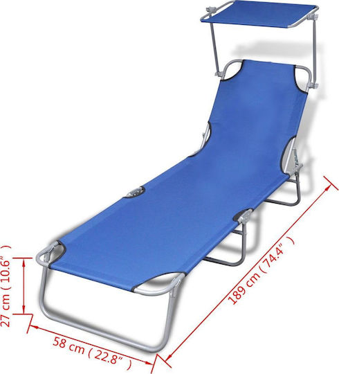 vidaXL Foldable Steel Beach Sunbed Blue with Shader 189x58x27cm