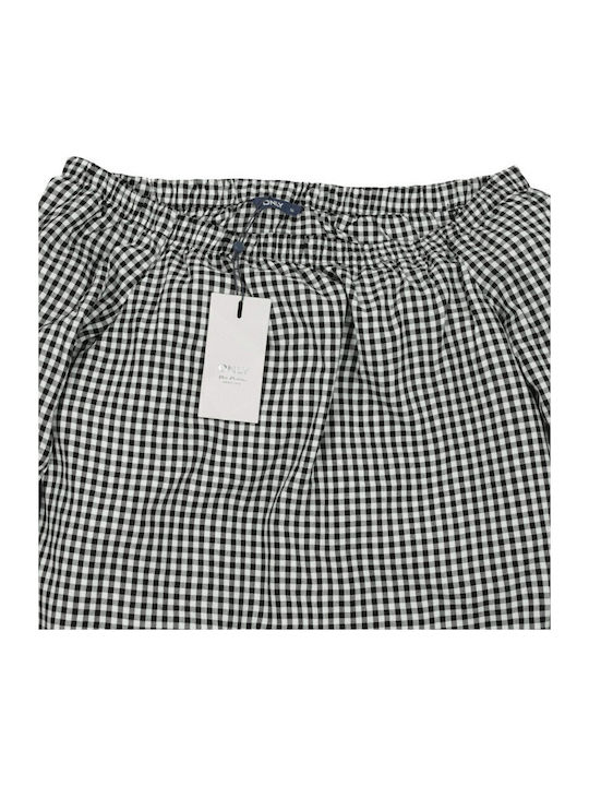 Women's Blouse Off-Shoulder Long Sleeve Checked White/black