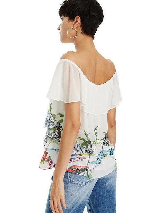 Desigual Colette Women's Summer Blouse Off-Shoulder Short Sleeve White