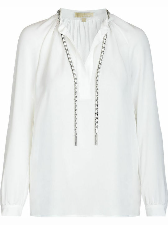 Michael Kors Women's Blouse Long Sleeve with V Neckline White