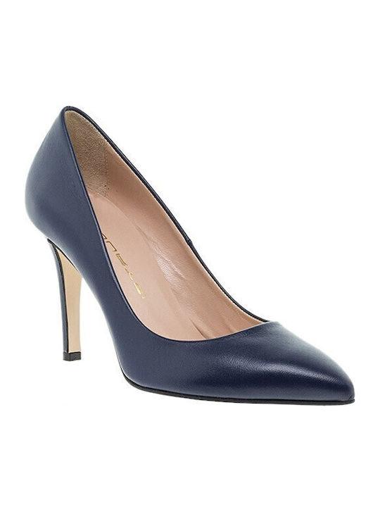 Leather Pointed Toe Stiletto Navy Blue High Heels 85300