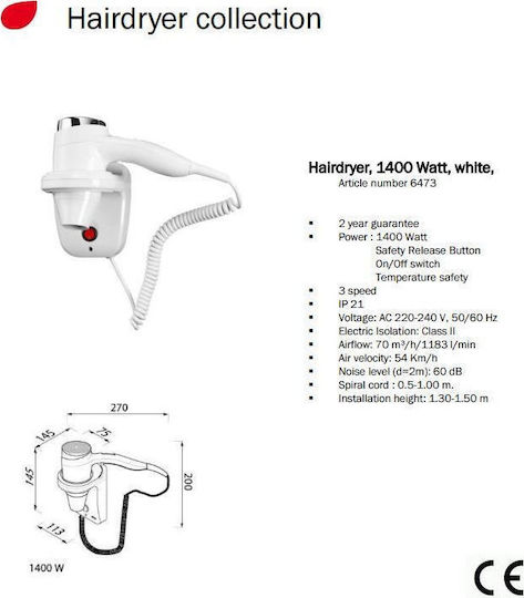 Geesa 6473 Hotel Hair Dryer 1.4kW