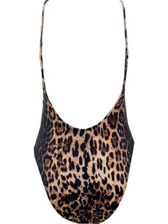 Rock Club Animal Print Slim Strap Open Back Swimsuit Brown