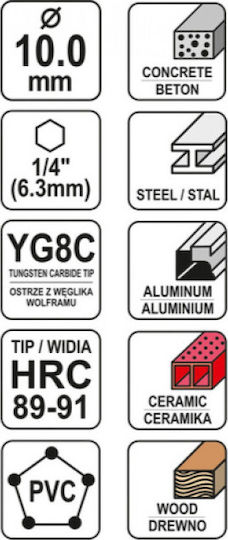 Yato Diamond Drill Carbide with Hexagonal Shank for Metal, Wood, Masonry, Glass and Tiles 10x120mm