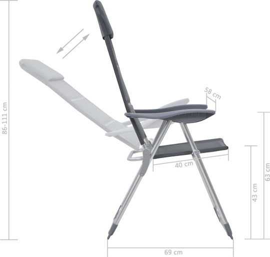 vidaXL Chair Beach Aluminium Gray 58x69x111cm Set of 2pcs