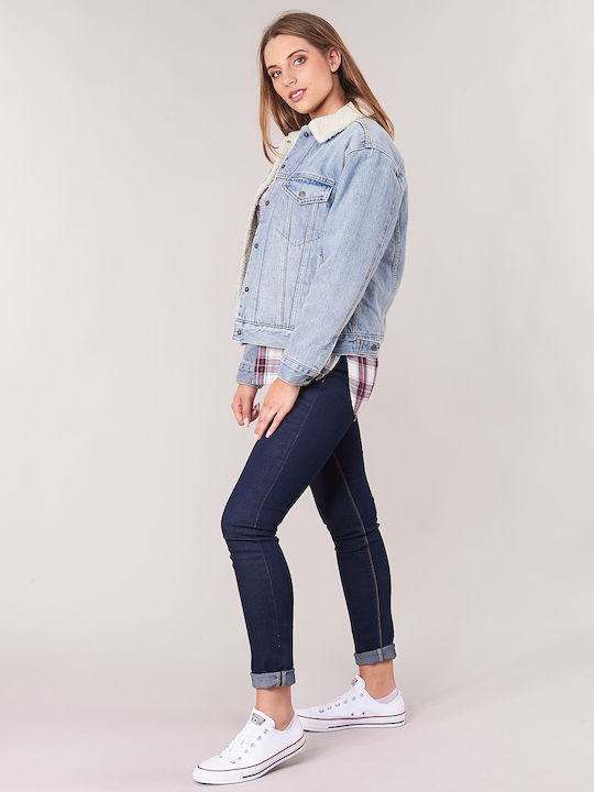 Trucker Ex Boyfriend Sherpa Women's Short Jean Jacket for Winter Blue
