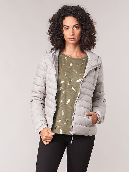Women's Short Puffer Jacket for Winter with Hood Silver