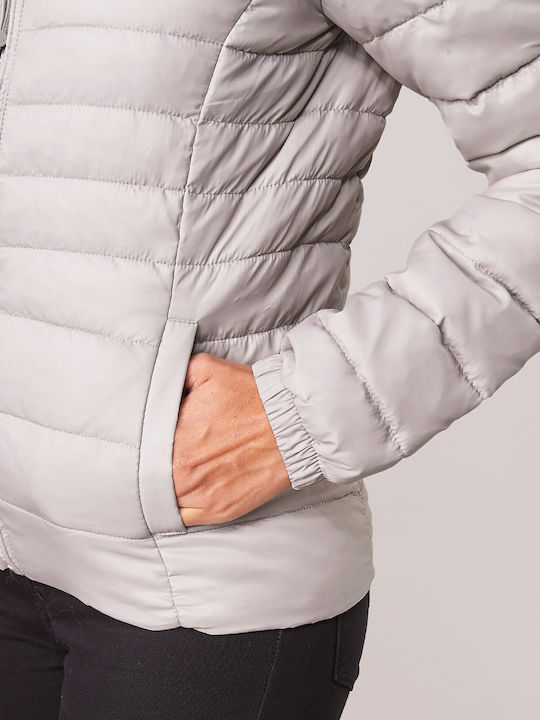 Women's Short Puffer Jacket for Winter with Hood Silver