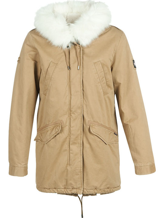 Superdry Lang Damen Parka Jacke mit pelziger Kapuze für Winter Beige