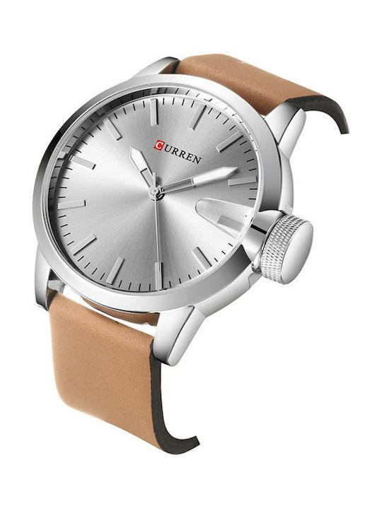 Curren Watch Battery with Leather Strap Silver Tabac