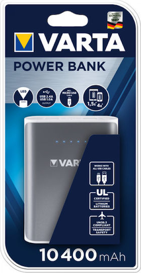 Varta Pack Power Bank 10400mAh με 2 Θύρες USB-A Ασημί