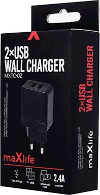 Maxlife Charger Without Cable with 2 USB-A Ports Blacks (MXTC-02)
